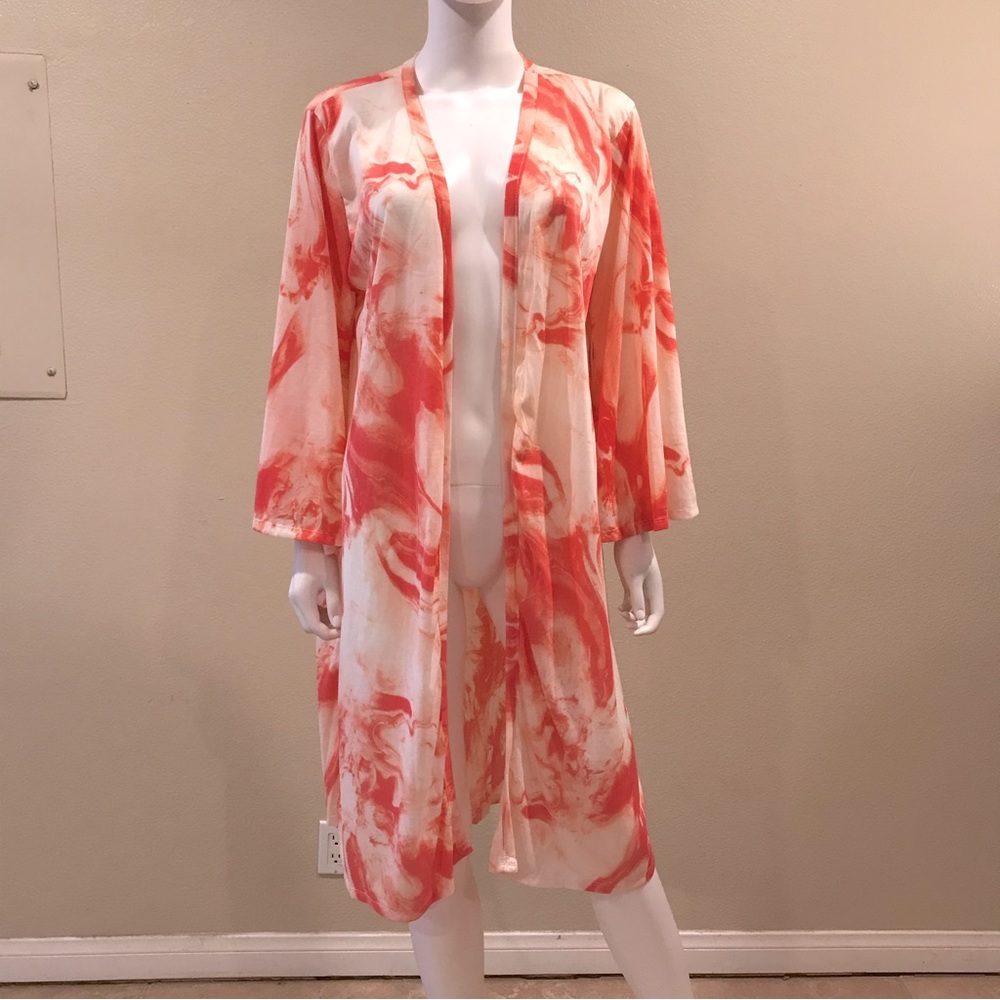 New York Laundry Kimono Duster NEW Sz 1X Marble Pink Open Front Longline Cabana